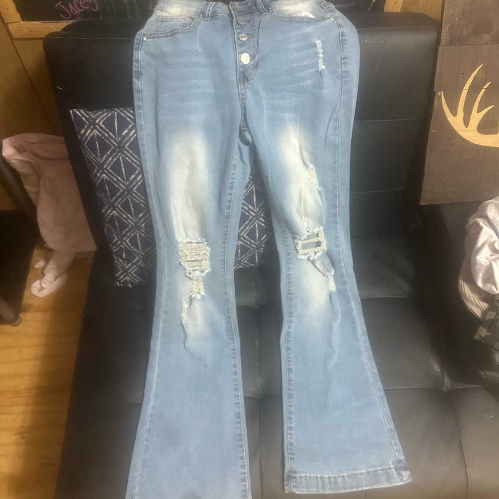 SHEIN Light Blue Flare Jeans with Distressed Details